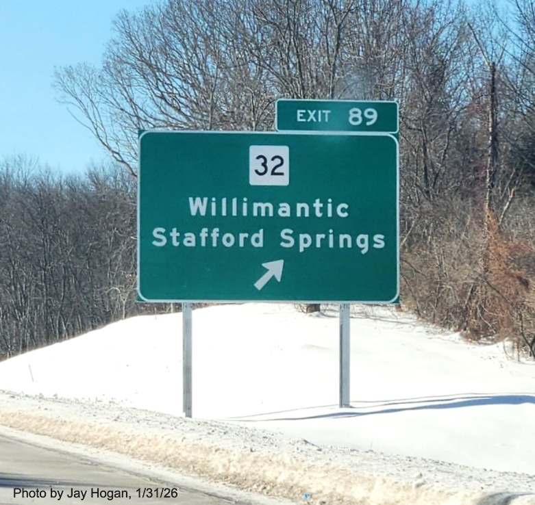 Image of new ground mounted ramp sign for the CT 32 exit with milepost 
	based exit number, by Jay Hogan, January 2026