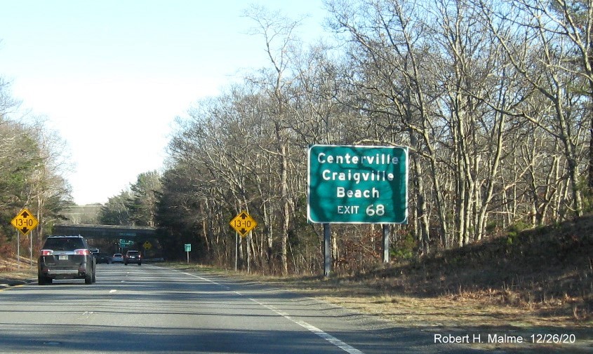 Image of auxiliary sign for MA 132 exit with new milepost based exit number on US 6 East in Barnstable, December 2020