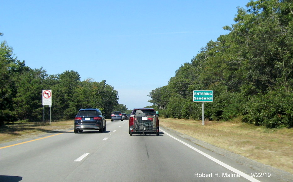Recently placed town boundary sign at border of Barnstable and Sandwich on US 6 West in Sept. 2019