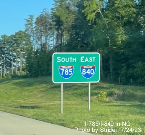 Image of newly placed South I-785/East I-840 reassurance marker sign placed after US 70 exit 
                                                on Greensboro Urban Loop, photo by Strider, July 2023