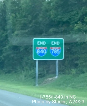 Image of newly placed South I-785/East I-840 reassurance marker sign placed after US 70 exit 
                                                on Greensboro Urban Loop, photo by Strider, July 2023