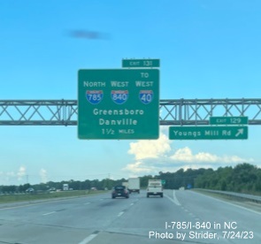 Image of newly revised advance sign for northern Greensboro Loop section exit now with 
                                                I-840 shield on I-85 North Greensboro Urban Loop, photo by Strider, July 2023