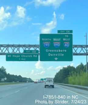 Image of newly revised advance sign for northern Greensboro Loop section exit now with 
                                                I-840 shield on I-85 North Greensboro Urban Loop, photo by Strider, July 2023