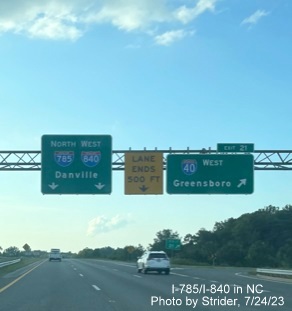 Image of newly revised pull through sign for northern Greensboro Loop section exit now with 
                                                I-840 shield at I-40 West exit, photo by Strider, July 2023