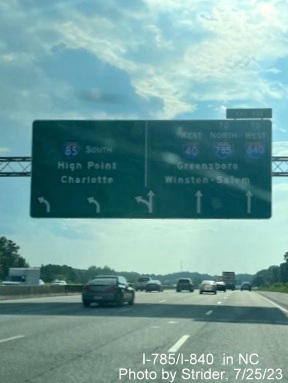 Image of newly updated 1 mile advance sign for split of I-85 South and I-40 West, the latter
          now with I-840 shield for upcoming exit onto the Greensboro Urban Loop heading north, photo by Strider, July 2023