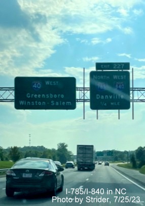 Image of newly updated 1/4 mile advance sign for north segment of Greensboro Loop on I-40 West, 
         now with I-840 shield, photo by Strider, July 2023