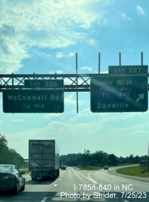 Image of newly updated overhead ramp sign for north segment of Greensboro Loop on I-40 West, 
         now with I-840 shield, photo by Strider, July 2023