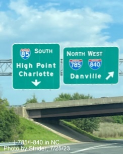 Image of newly updated ramp sign for north segment of Greensboro Loop on I-40 East, 
         now with I-840 shield, photo by Strider, July 2023