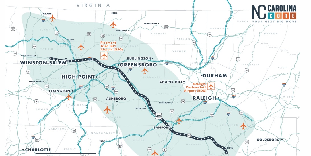 Image of NC Core business marketing region and emphasis on US 421 (Future I-685), 
	  NC Carolina Core, 2024