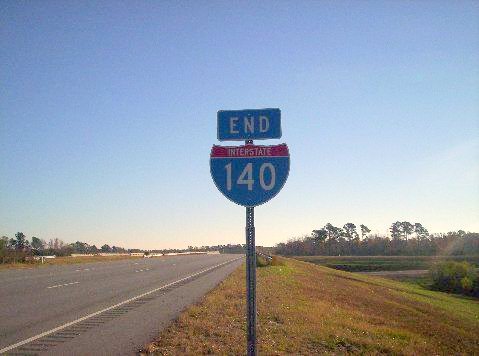 Photo of End East I-140 sign approaching I-40 interchange in Nov. 2007 near Wilmington, Photo courtesy of John Meisenhelder