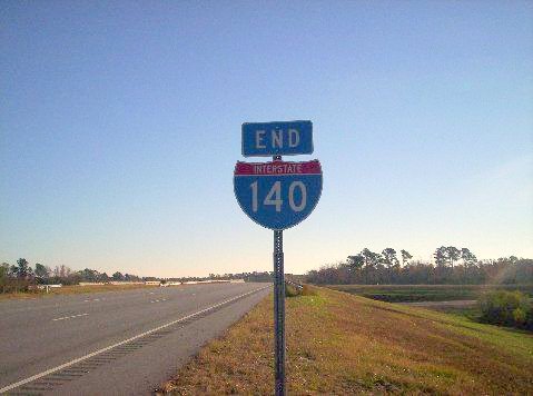 Photo of End East I-140 sign approaching I-40 interchange in Nov. 2007 near 
Wilmington, Photo courtesy of John Meisenhelder