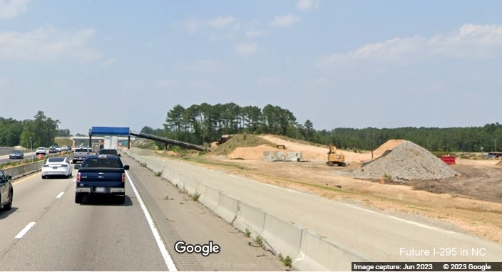Image of future I-295 North ramp under construction from I-95 North in St. Pauls, Google 
        Maps Street View, June 2023