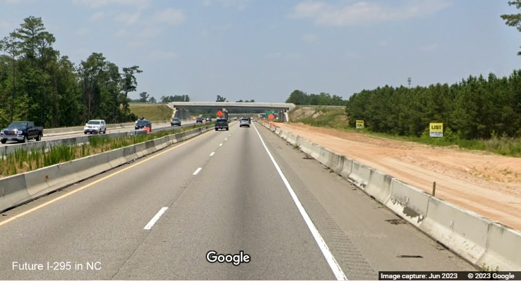 Image of completed bridge to carry future I-295 over I-95 North in St. Pauls, Google 
        Maps Street View, June 2023