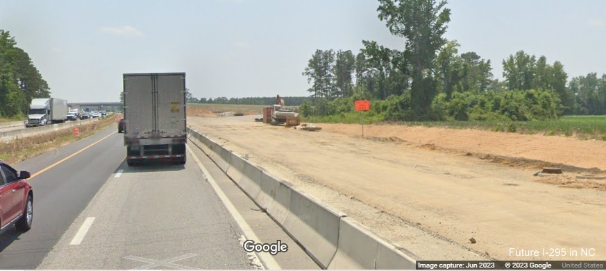 Image of future I-295 North ramp under construction from I-95 South in St. Pauls, Google 
        Maps Street View, June 2023