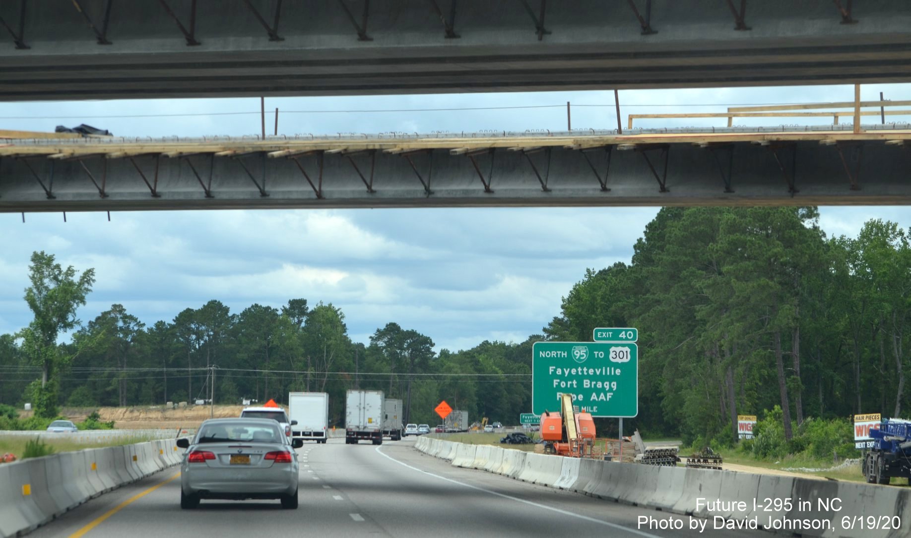 Image of second ramp bridge being constructed over I-95 North lanes near Hope Mills for future I-295 
        interchange, by David Johnson June 2020