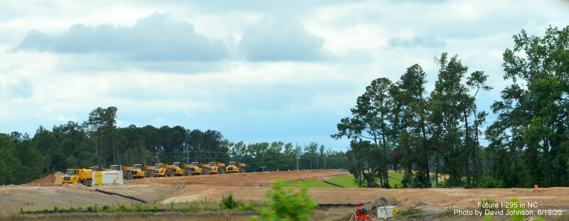 Image of interchange construction for future I-295 Fayetteville Outer Loop along I-95 South lanes 
        near Hope Mills, by David Johnson June 2020