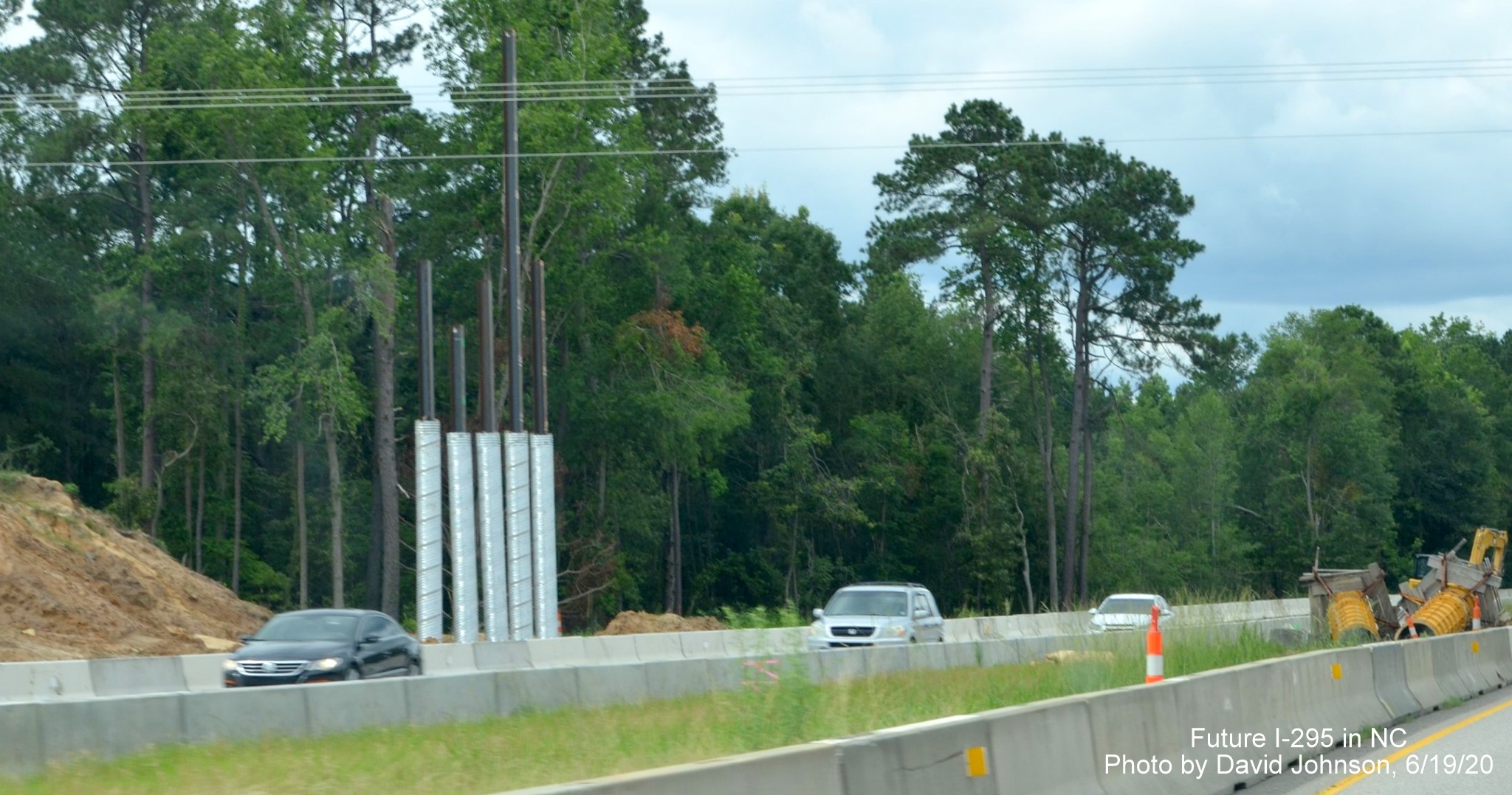 Image of supports for future I-295 Fayetteville Outer Loop ramp bridge along I-95 South near Hope 
        Mills, by David Johnson June 2020