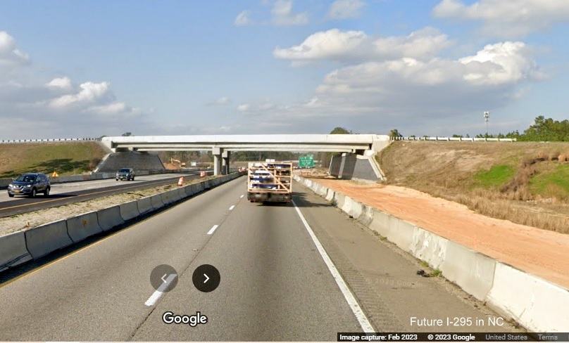 View of completed I-295 North/Fayetteville Outer Loop bridge from I-95 North in St. Pauls, 
        Google Maps Street View image, February 2023