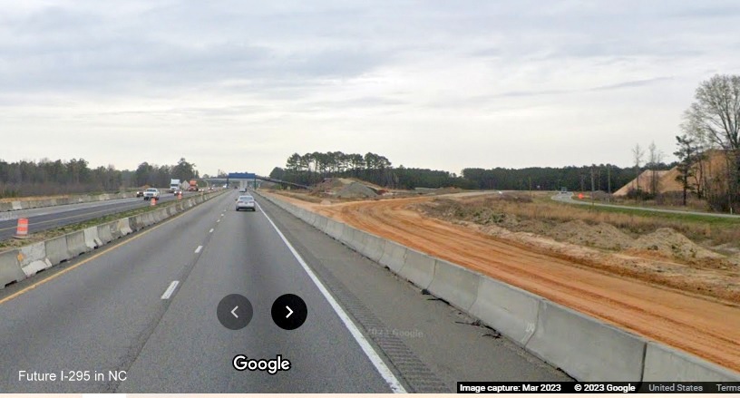 View of future ramp to I-295 North/Fayetteville Outer Loop being constructed from I-95 North in St. Pauls, 
        Google Maps Street View image, March 2023