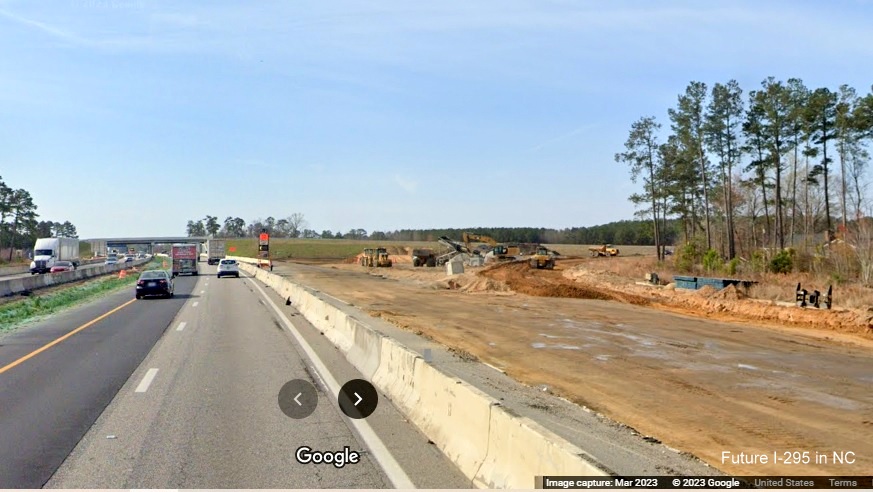 View of future ramp to I-295 North/Fayetteville Outer Loop being constructed from I-95 South in St. Pauls, 
        Google Maps Street View image, March 2023