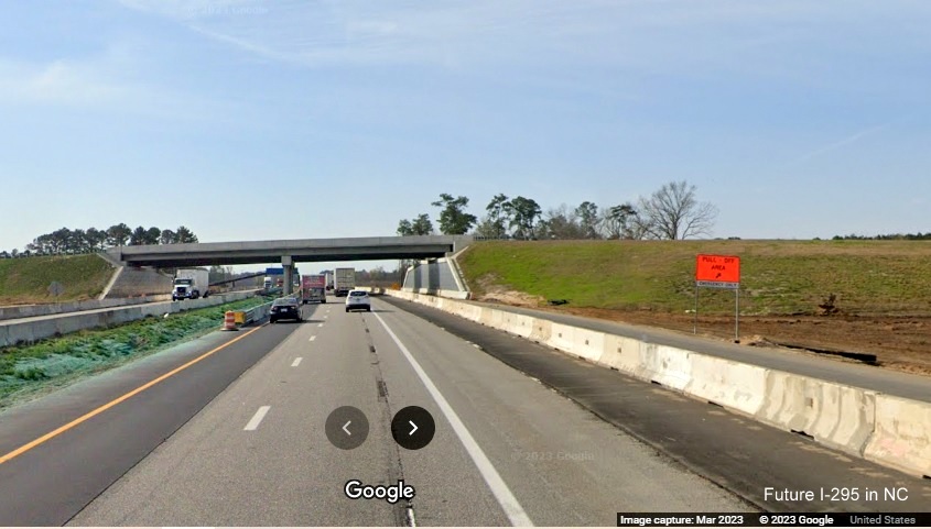 Image of Future I-295 North/Fayetteville Outer Loop bridge from I-95 South in St. Pauls, 
        Google Maps Street View image, March 2023