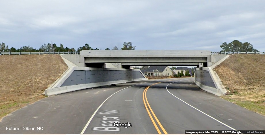 Image of completed NC 295 (Future I-295) bridge over Waldo's Bridge Road, Google Maps Street View, 
                                          March 2023