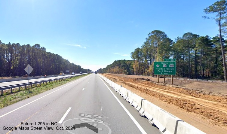 Image of NC 295 still appearing on 2 Miles advance sign for Fayetteville Loop exit on I-95 South 
      (under construction for widening project) in Cumberland County, Google Maps Street View image, October 2021