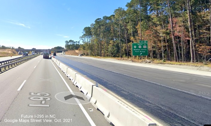 Image of NC 295 still appearing on ramp sign for Fayetteville Loop exit on I-95 South 
      in Cumberland County, Google Maps Street View image, October 2021