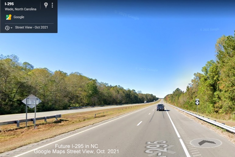 Image of South NC 295 reassurance marker still standing along Fayetteville Outer Loop after the 
      I-95 exit in Cumberland County, Google Maps Street View image, October 2021