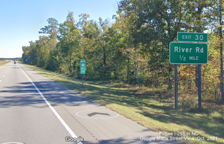 Image of mile marker still with North NC 295 shield still standing along Fayetteville Outer Loop prior to 
      the River Road exit in Cumberland County, Google Maps Street View image, October 2021