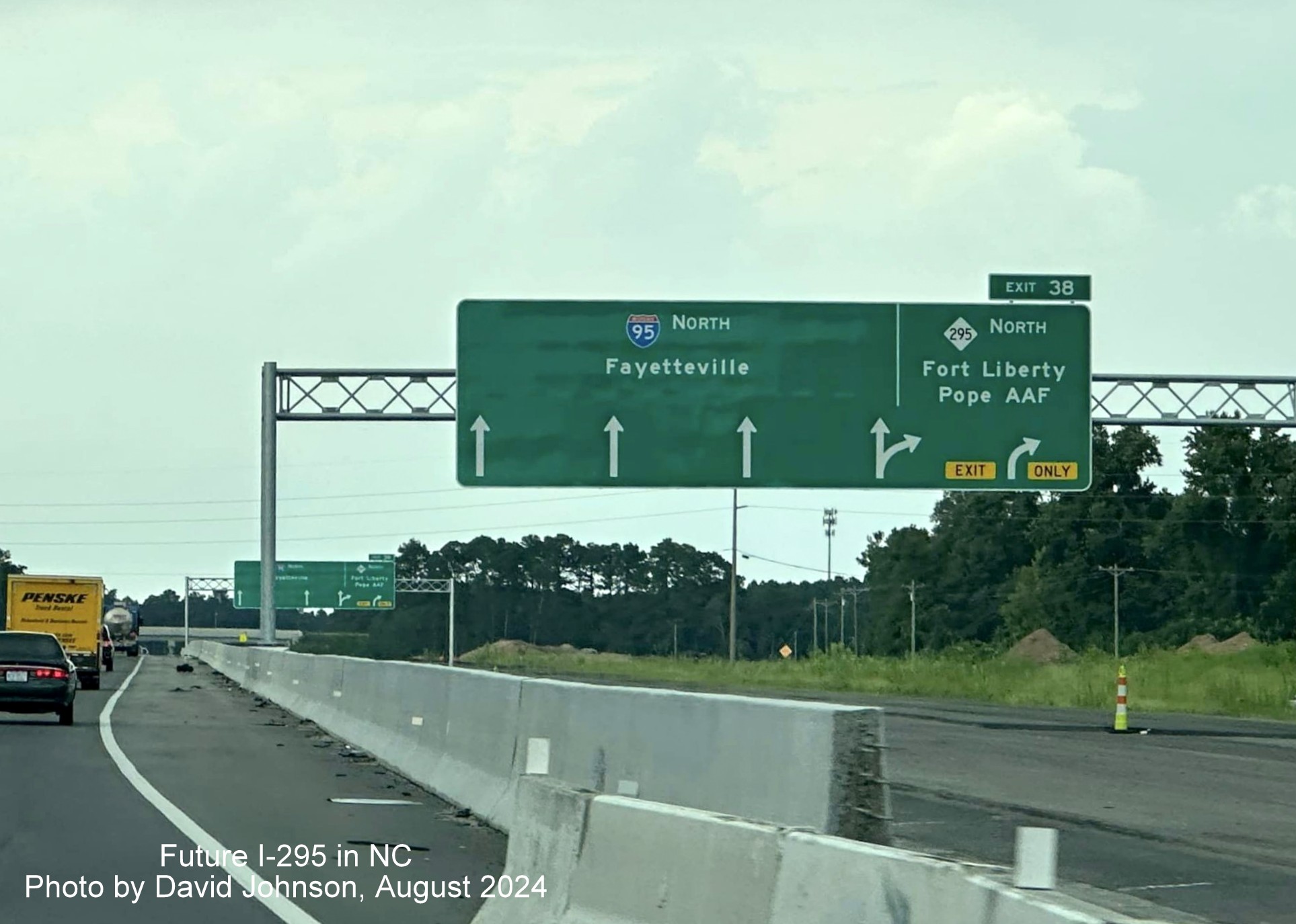 Image of pair of new arrow-per-lane signs for NC 295 North 
	on yet to open ramp from I-95 North in St. Pauls, by David Johnson,August 2024