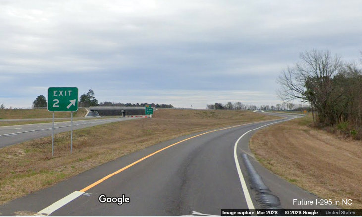 Image of gore sign for the Parkton Road exit at southern end of newly opened section of South 
        NC 295/Fayetteville Outer Loop, Google Maps Street View, March 2023