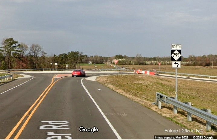 Image of North NC 295 trailblazer along Parkton Road at southern end of newly 
        opened section to Black Bridge Road, Google Maps Street View, March 2023