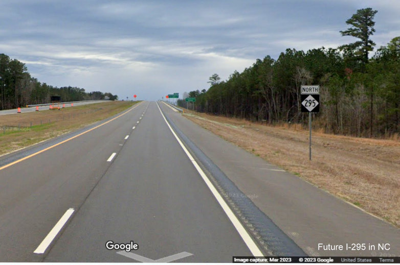Image of North NC 295 reassurance marker beginning of newly 
        opened section from Parkton Road to Black Bridge Road, Google Maps Street View, March 2023