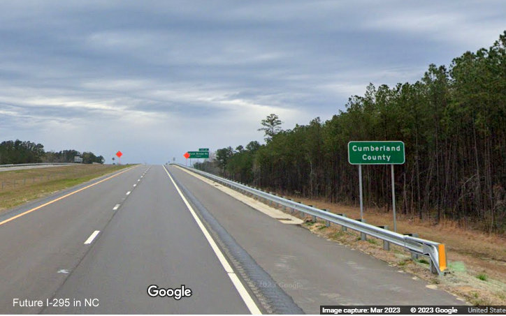 Image of Cumberland County sign along newly opened section of NC 295/Fayetteville Outer Loop from 
        Parkton Road to Black Bridge Road, Google Maps Street View, March 2023