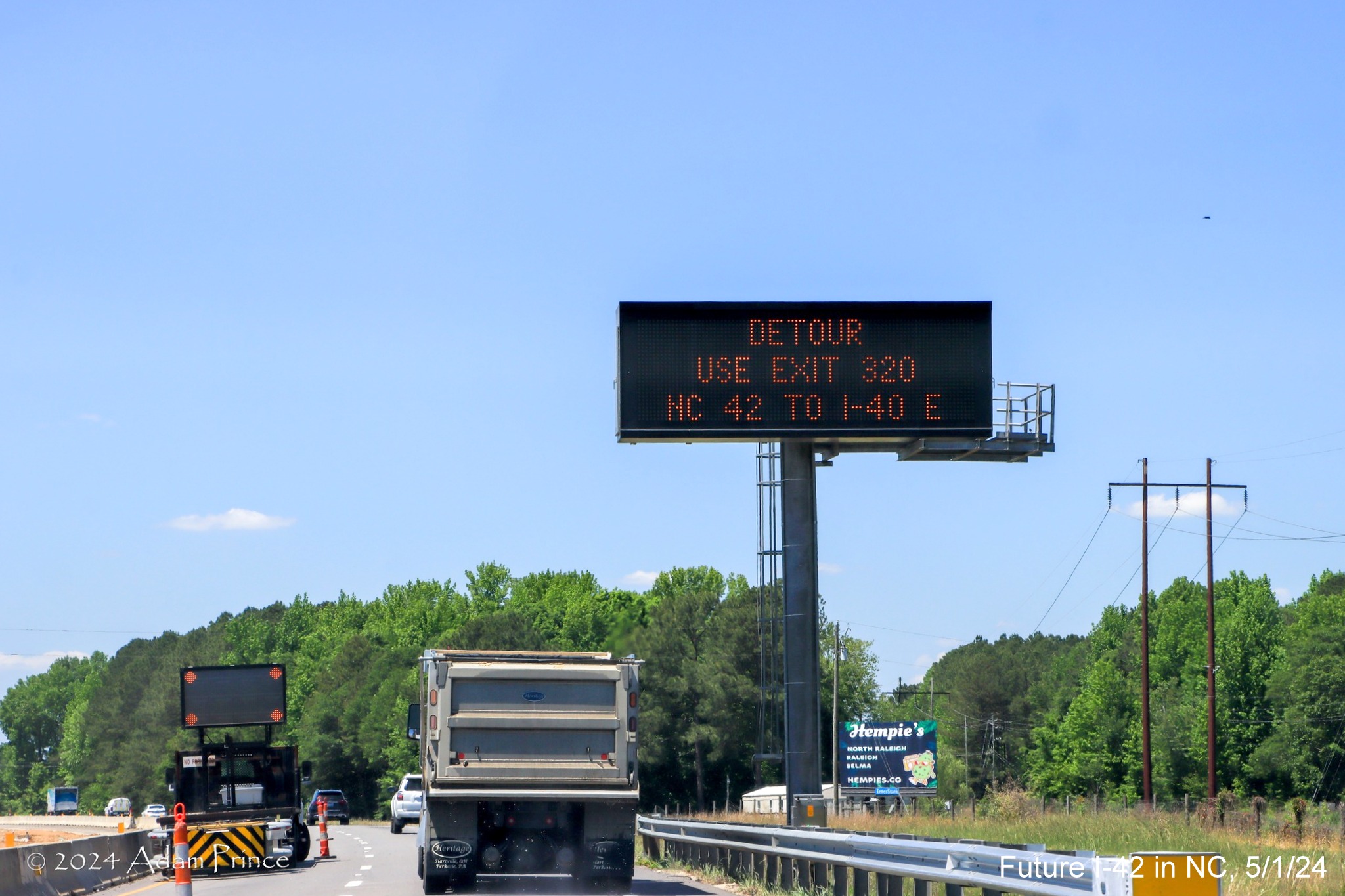 Image of new VMS sign after Strickland Road on US 70 (Future I-42) West in Clayton,
by Adam Prince, May 2024