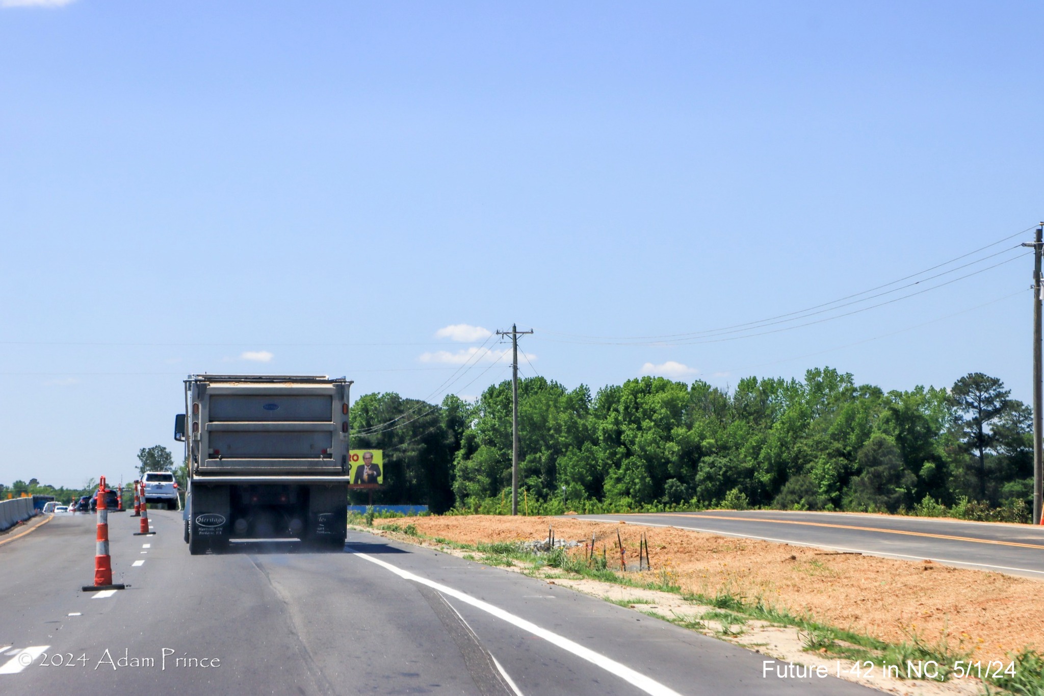 Image of median construction along US 70 (Future I-42) West approaching the Clayton Bypass,
by Adam Prince, May 2024