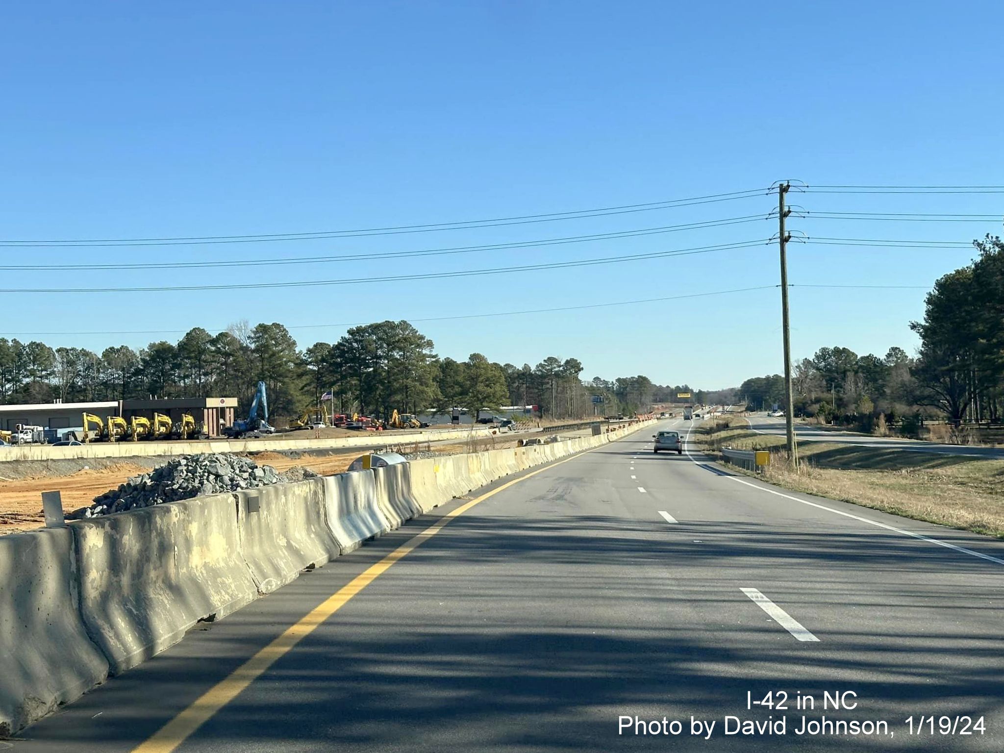 Image of US 70 (Future I-42) East roadway after future Wilson's Mills Road interchange in Johnston
County work zone, photo by David Johnson, January 2024