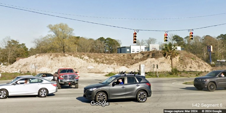 Image of traffic along US 70 East in James City construction zone at Williams Road, Google
Maps Street View, March 2024