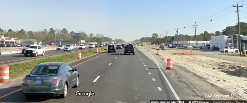 Image of construction along US 70 East in James City project work zone, Google Maps Street View, March 2024