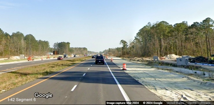 Image of shoulder work along US 70 (Future I-42) East in James City prior to Taberna Way in
improvement project construction zone, Google Maps Street View, March 2024