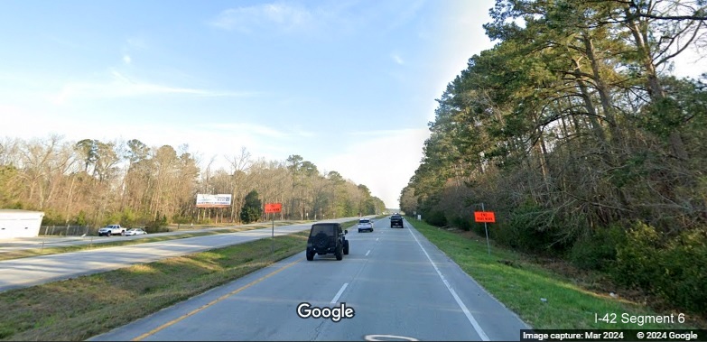 Image of End Road Work signs along US 70 (Future I-42) East in James City at eastern end of
improvement project work zone, Google Maps Street View, March 2024