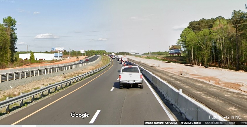 Image of construction along US 70 (Future I-42) East in Clayton, Google Maps Street View, April 2023