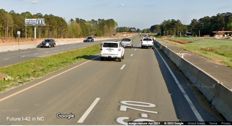 Image of construction of future I-42 West lanes along US 70 West in Smithfield, Google Maps Street View, May 2023