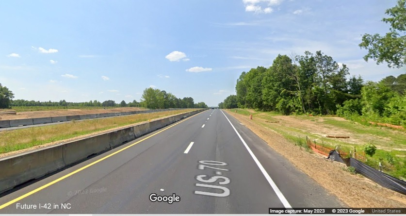 Image of construction along US 70 (Future I-42) West in Wilson's Mills near Swift Creek Road, Google Maps Street View, May 2023