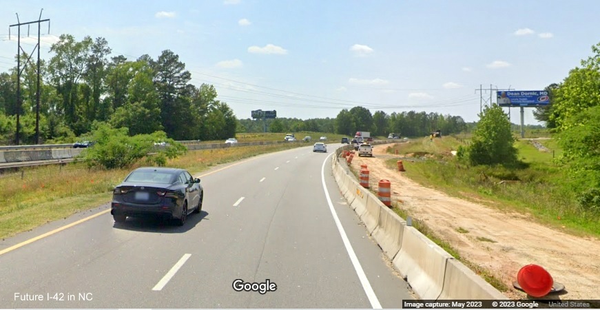 Image of grading of future I-42 West lane along US 70 West in Wilson's Mills, Google Maps Street View, May 2023