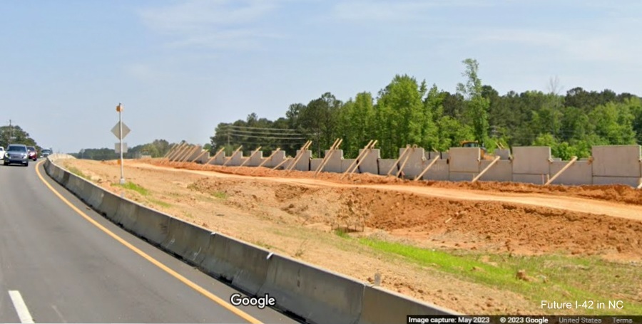 Image of grading of future I-42 West lane along US 70 West in Wilson's Mills, Google Maps Street View, May 2023