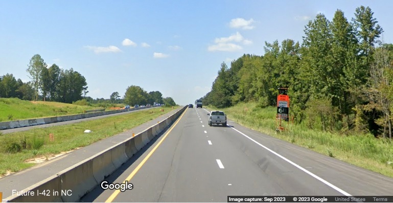 Image of nearly complete interstate standard lanes along US 70 (Future I-42) West after Swift Creek
Road in Johnston County, Google Maps Street View, September 2023