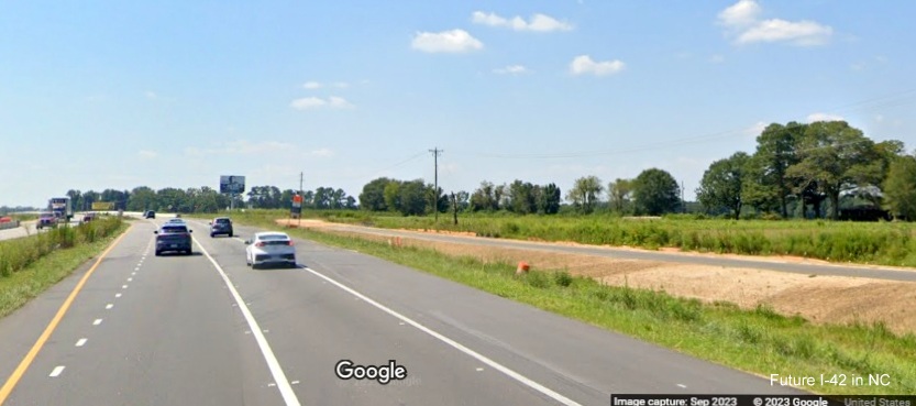 Image of construction along US 70 (Future I-42) West approaching Uzzle Industrial
Road in Johnston County, Google Maps Street View, September 2023