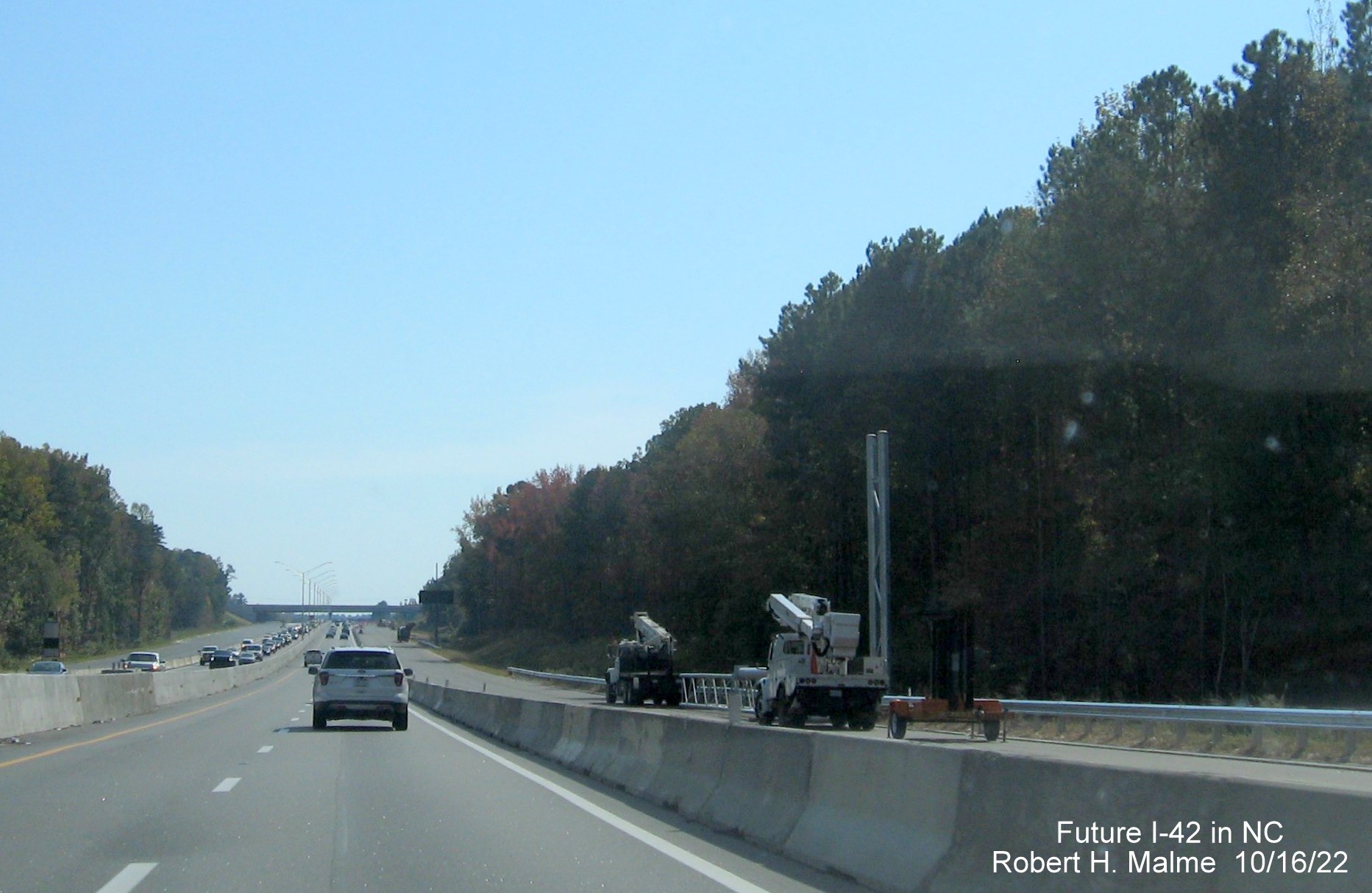 Image of gantry for future 1 mile advance sign for US 70 (Future I-42) East Clayton Bypass on I-40 East in widening zone construction area, October 2022